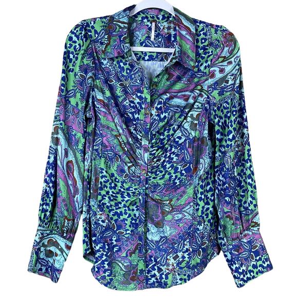 Free People Bianca Printed Blouse Long Sleeve Button Up Jade Combo Size Medium - Picture 1 of 11